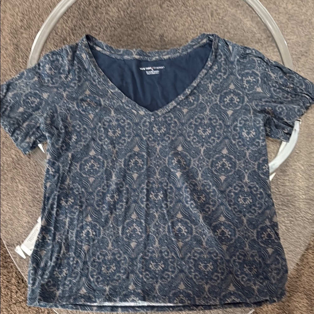 Blue Patterned V-Neck Women Top